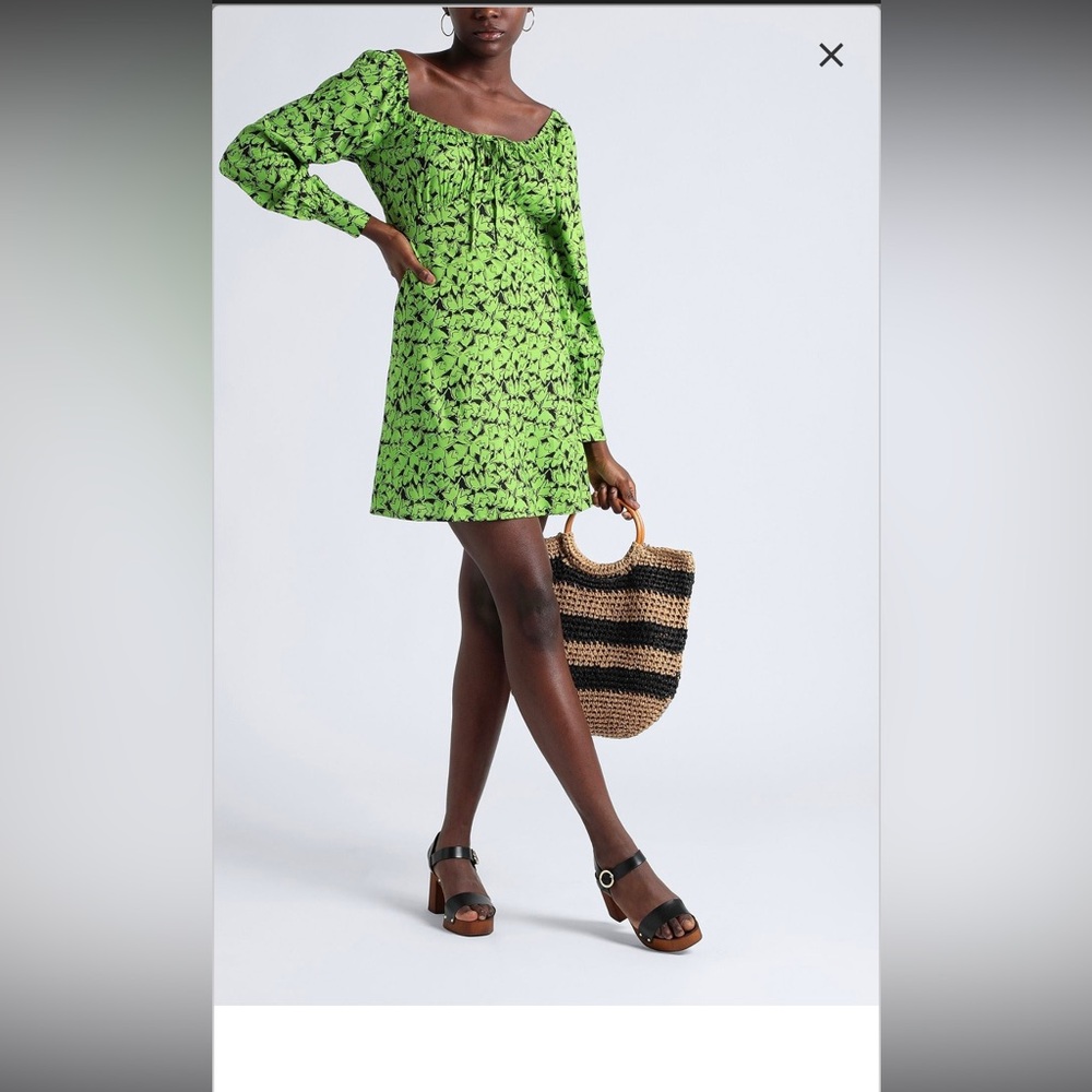 Topshop Neon Green Black Floral Bishop Sleeve Mini Sundress women’s 8 Spring